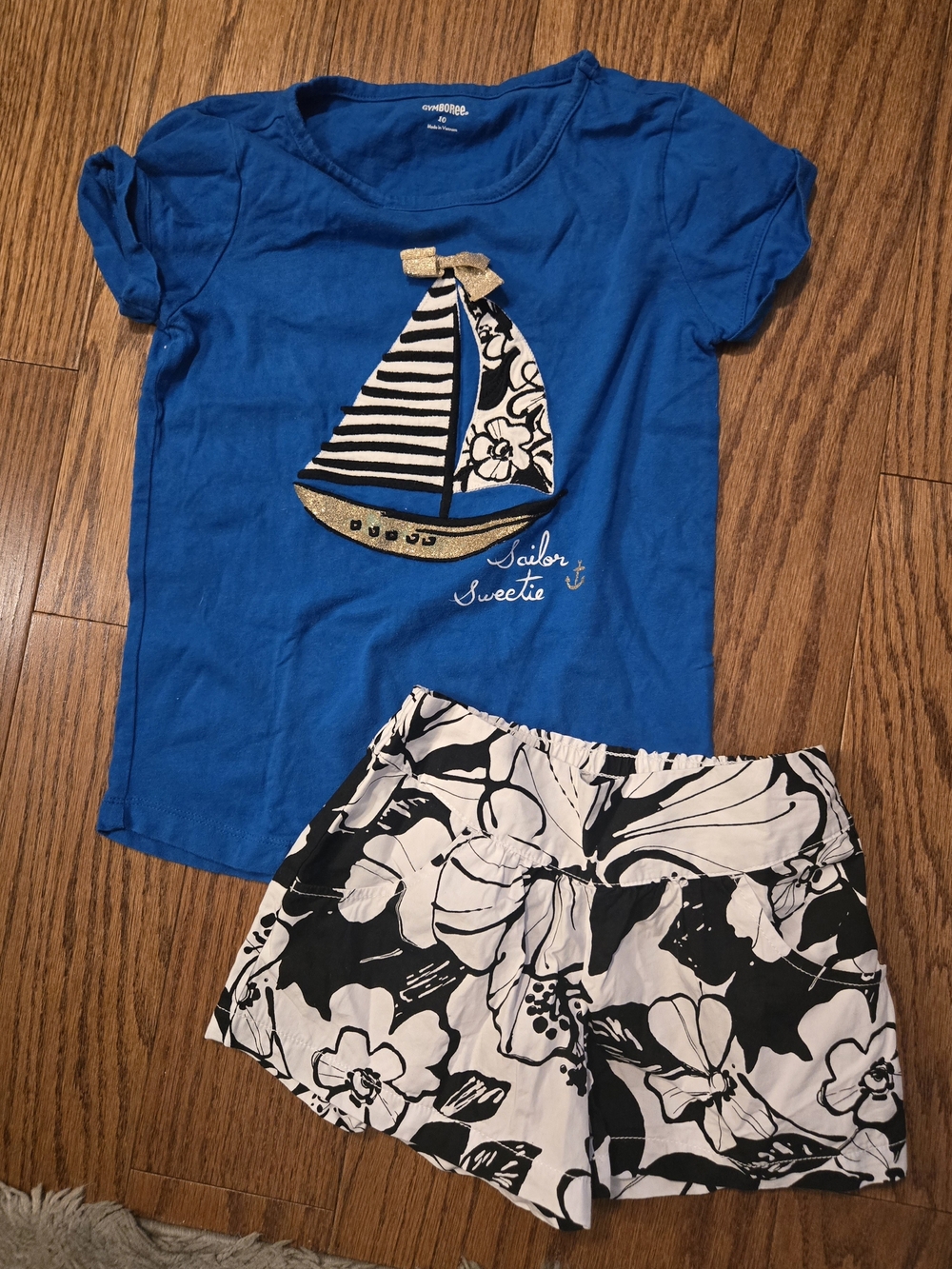 Gymboree Blue Sailboat Pajama Set with Black-and-White Floral Shorts